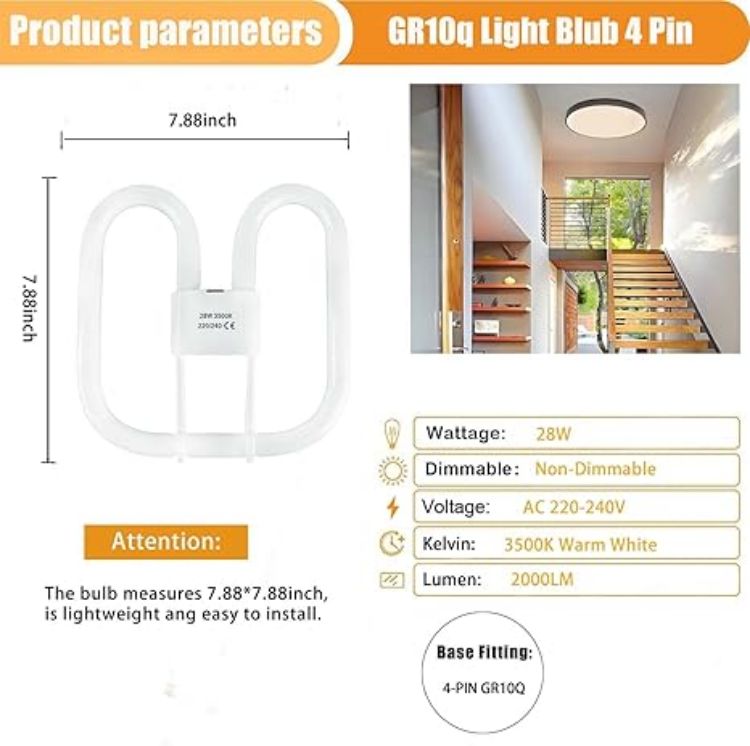 Picture of 28W Compact Fluorescent Lamp GR10q 4-Pin Bulb, 3500K Warm White CFL Light, Non-Dimmable, AC 220V Low Energy Bulb for Flush Ceiling Light, 2 Pack