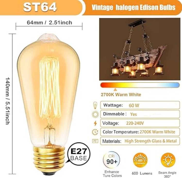 Picture of E27 60W Edison Screw Bulb, ST64 Vintage Light Bulbs, Warm White 2700K Dimmable, 600LM Amber Retro Filament Decorative Bulbs, Pack of 3