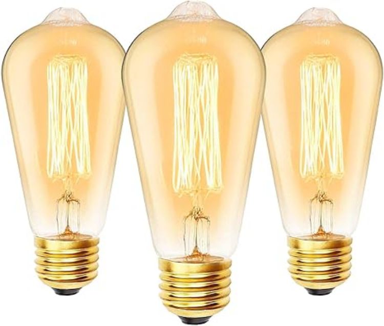 Picture of E27 60W Edison Screw Bulb, ST64 Vintage Light Bulbs, Warm White 2700K Dimmable, 600LM Amber Retro Filament Decorative Bulbs, Pack of 3