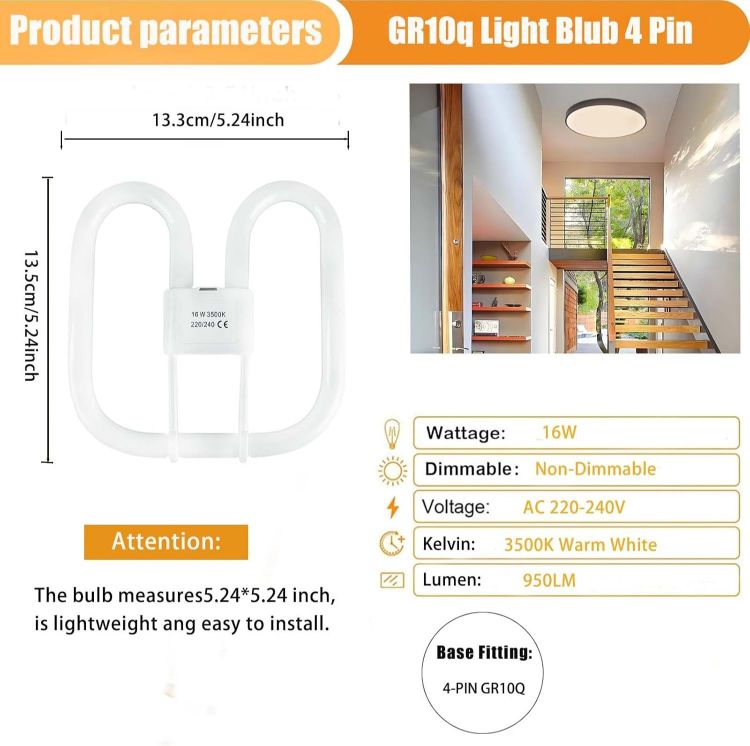 Picture of 16W GR10Q Compact Fluorescent Lamp, 4-Pin Warm White 3500K Light Bulb, 950 Lumens Non-Dimmable, AC 230V, Single Pack