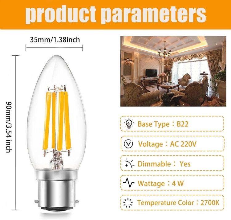 Picture of 4W B22 LED Candle Bulbs, Dimmable C35 Filament Light Bulbs, Warm White 2700K, 400 Lumens, B22 Bayonet Cap, Equivalent to 40W Incandescent, Pack of 6