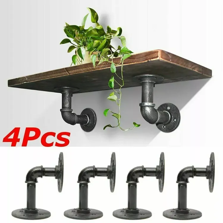 Picture of  4 Set of Industrial Pipe Shelf Brackets Rustic Iron Floating Shelf Supports for Wall-Mounted Storage