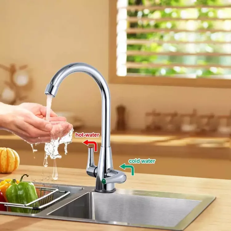 Picture of Modern Chrome Kitchen Mixer Tap Dual Lever Swivel Spout Sink Faucet