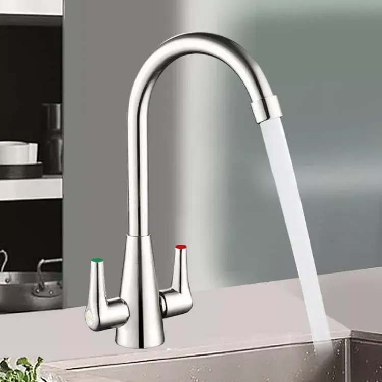 Picture of Modern Chrome Kitchen Mixer Tap Dual Lever Swivel Spout Sink Faucet