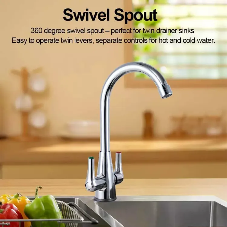 Picture of Modern Chrome Kitchen Mixer Tap Dual Lever Swivel Spout Sink Faucet