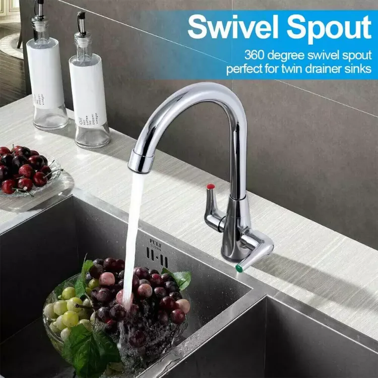 Picture of Modern Chrome Kitchen Mixer Tap Dual Lever Swivel Spout Sink Faucet