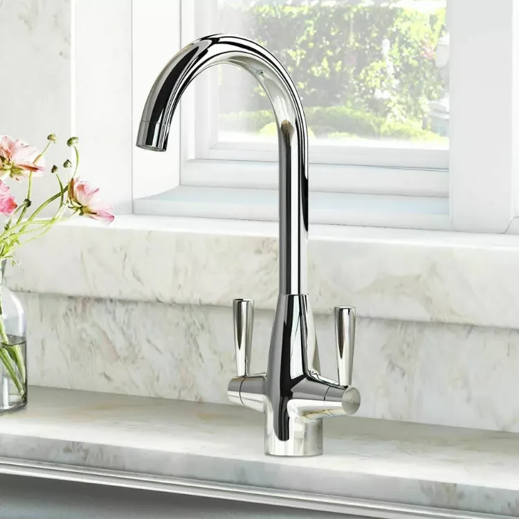 Picture of Modern Chrome Kitchen Mixer Tap Dual Lever Swivel Spout Sink Faucet