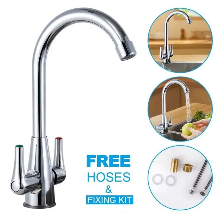 Picture of Modern Chrome Kitchen Mixer Tap Dual Lever Swivel Spout Sink Faucet