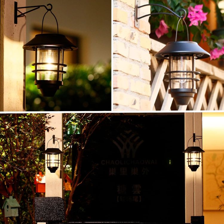 Picture of 2-Pack Solar Lantern Lights, Waterproof Metal & Glass Hanging Solar Lights for Outdoor Fence, Porch, Garden & Patio