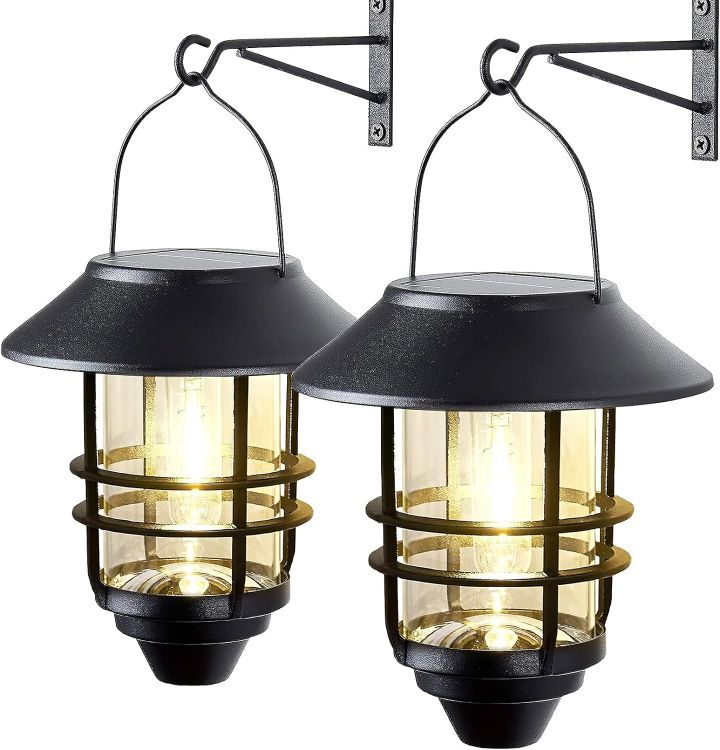 Picture of 2-Pack Solar Lantern Lights, Waterproof Metal & Glass Hanging Solar Lights for Outdoor Fence, Porch, Garden & Patio