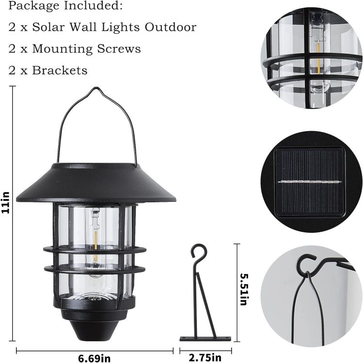 Picture of 2-Pack Solar Lantern Lights, Waterproof Metal & Glass Hanging Solar Lights for Outdoor Fence, Porch, Garden & Patio