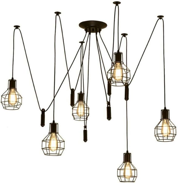 Picture of Vintage Industrial 6-Way Spider Chandelier Retro Pendant Ceiling Light with Cage Design