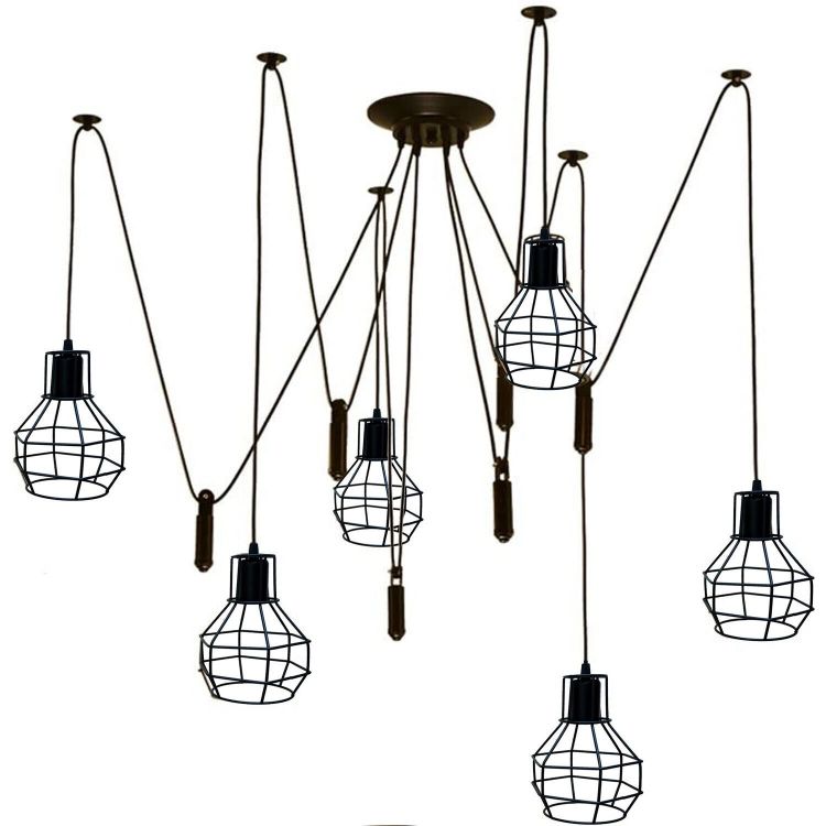 Picture of Vintage Industrial 6-Way Spider Chandelier Retro Pendant Ceiling Light with Cage Design