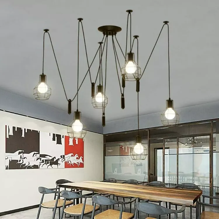 Picture of Vintage Industrial 6-Way Spider Chandelier Retro Pendant Ceiling Light with Cage Design