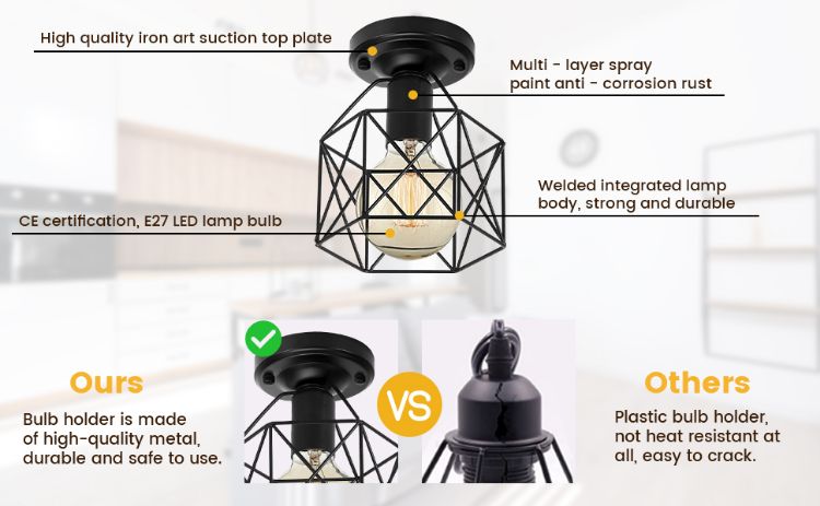 Picture of Vintage Hallway Ceiling Light, Black Semi-Flush Mount Basket Cage Bedroom Cloakroom Living Room Ceiling Lamp, Suitable E27 Light Bulb