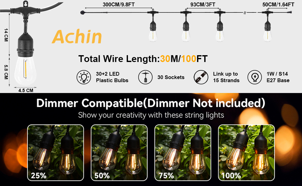 100FT S14 Outdoor String Lights dimension