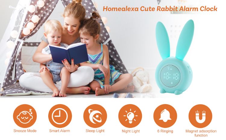 Picture of Kids Alarm Clock, Girls and Boys Alarm Clock Digital for Bedroom, Rabbit Alarm Clock, LED Wake Up Light Girls Alarm Clock, Bedside Clock