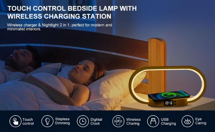 Picture of Bedside Lamp Wireless Charging, Touch Control LED Table Lamp Dimmable for Bedroom USB Night Light with 5 Colors Temperatures