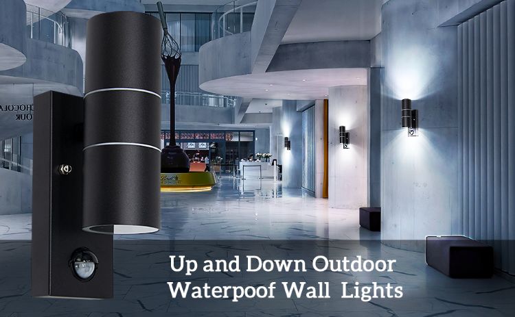 Picture of Outdoor Wall Lights, Up and Down Lamp with Motion Sensor, IP44 Black Stainless Steel Outside Lighting Mains Powered Fixtures (Excluded Bulbs)