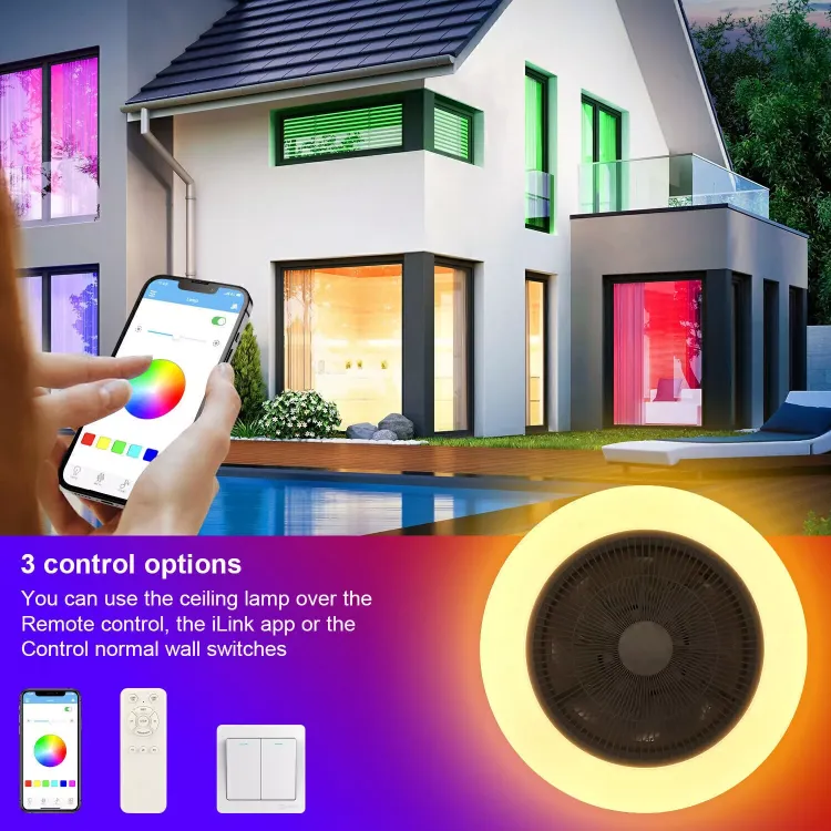 Picture of Smart RGB LED Ceiling Fan with Lights Remote Control, Adjustable Wind Speed, Dimmable & Color-Changing