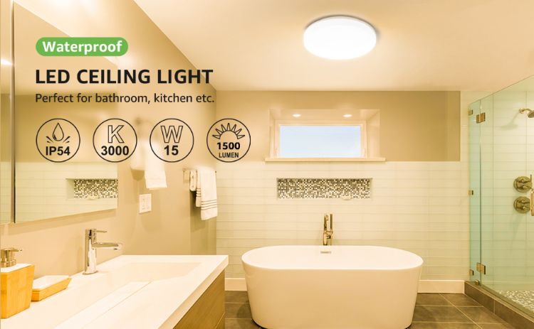 Picture of Bathroom Light Warm White, 15W 1500 Lumen Waterproof Ceiling Lights, 3000K, IP54, 100W Equivalent, Small, Modern, Round Ceiling Light