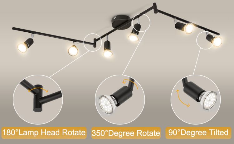 Picture of 6 Way LED Ceiling Spot Lights Rotatable, 2700K Warm White Spotlight Bar for Kitchen, Living Room, Bedroom, Matt Black & Swivelling Design