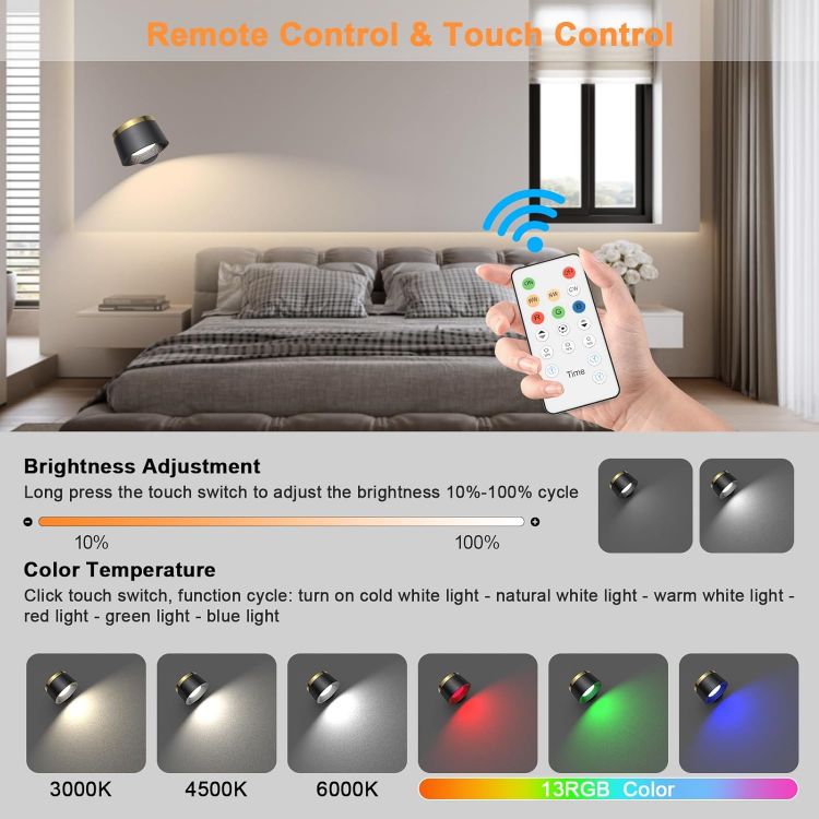 Picture of 2 Pack Battery Wall Lights – Remote, 3 Colors, 13 RGB, Dimmable, Rechargeable