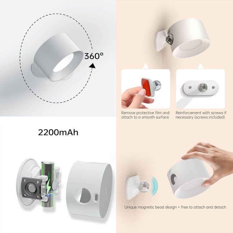 Picture of 2 Pack LED Wall Lights – 3 Colors, 3 Brightness, 360° Rotation, Touch Control