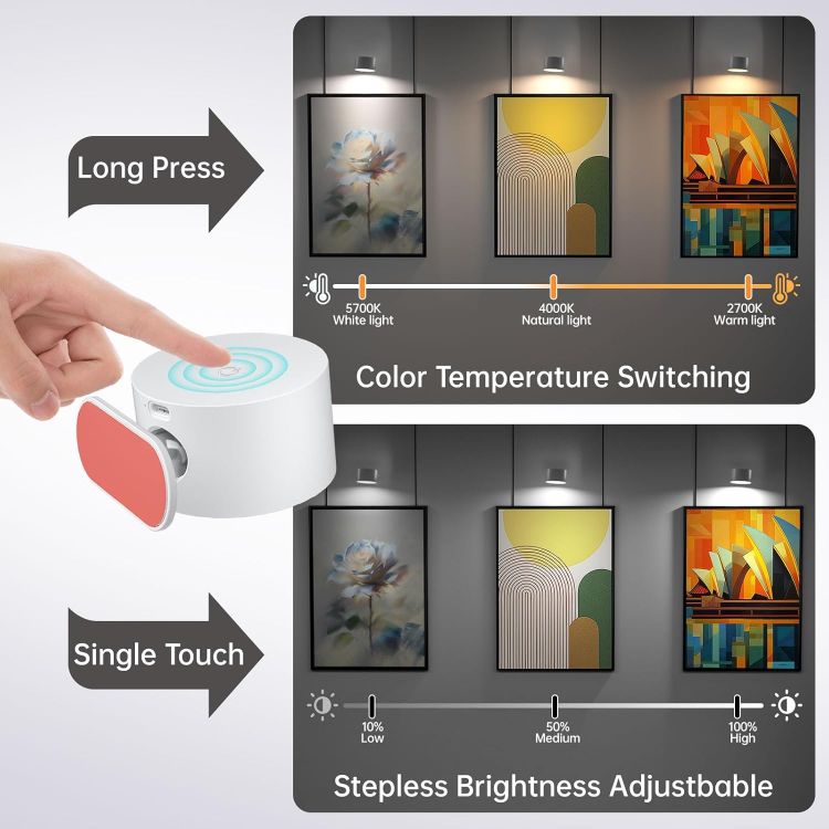 Picture of 2 Pack LED Wall Lights – 3 Colors, 3 Brightness, 360° Rotation, Touch Control