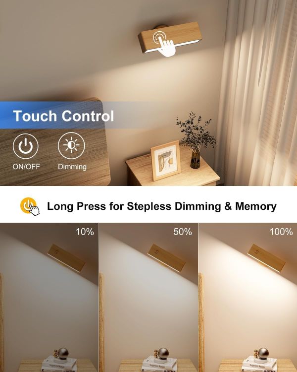 Picture of Magnetic Wall Lights  50 LED Dimmable Wall Mounted Lamp, 360° Rotation Battery Operated Wall Lights, Rechargeable Cordless Stick On Wall Light (Pack of 2)