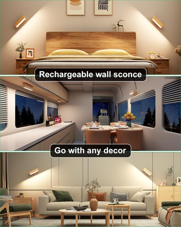 Picture of Magnetic Wall Lights  50 LED Dimmable Wall Mounted Lamp, 360° Rotation Battery Operated Wall Lights, Rechargeable Cordless Stick On Wall Light (Pack of 2)