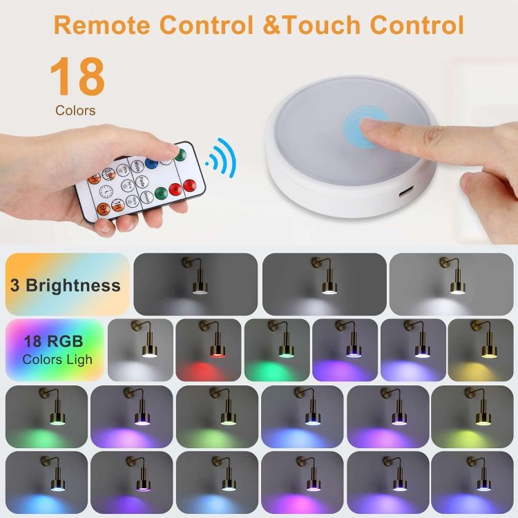 Picture of Rechargeable Wall Sconces, Battery Powered Dimmable Wall Light RGB 18 Colors, USB Wall Lamp With Remote Control 