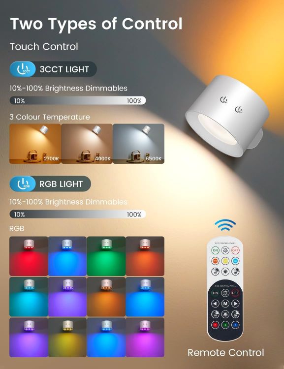 Picture of Wall Light Indoor, Rechargeable Wall Light, Wireless LED Wall Lamp with Touch/Remote Control, 12 RGB Colors, 360° Rotatable Wall Lamp