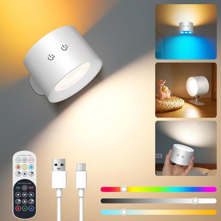 Picture of Wall Light Indoor, Rechargeable Wall Light, Wireless LED Wall Lamp with Touch/Remote Control, 12 RGB Colors, 360° Rotatable Wall Lamp