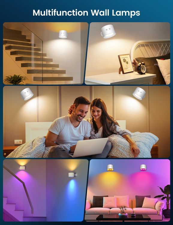 Picture of Wall Light Indoor, Rechargeable Wall Light, Wireless LED Wall Lamp with Touch/Remote Control, 12 RGB Colors, 360° Rotatable Wall Lamp