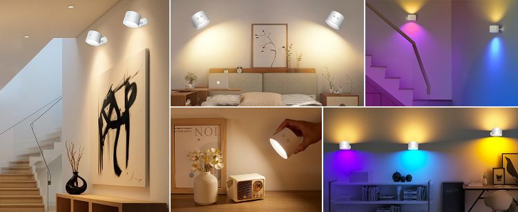 Picture of Wall Light Indoor, Rechargeable Wall Light, Wireless LED Wall Lamp with Touch/Remote Control, 12 RGB Colors, 360° Rotatable Wall Lamp