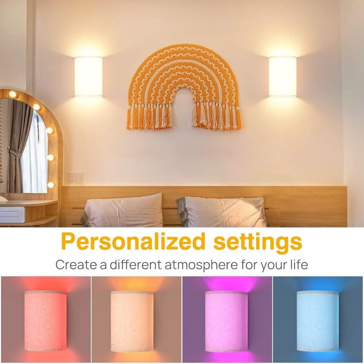 Picture of Rechargeable Wall Lights, Remote Control Wall Lamps in 3 Colors Temperature Timer, Fabric Sconces for Bedroom & Living Room Lighting - Set of 2 