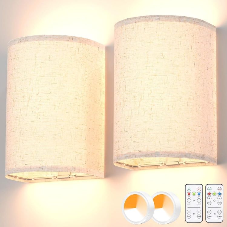 Picture of Rechargeable Wall Lights, Remote Control Wall Lamps in 3 Colors Temperature Timer, Fabric Sconces for Bedroom & Living Room Lighting - Set of 2 