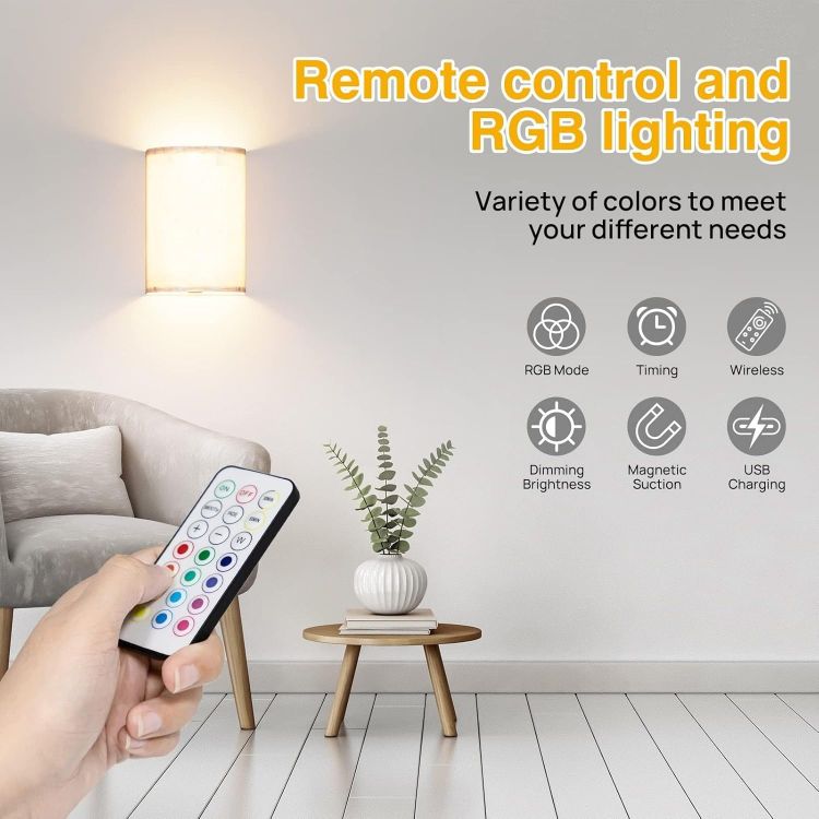 Picture of Rechargeable Wall Lights, Remote Control Wall Lamps in 3 Colors Temperature Timer, Fabric Sconces for Bedroom & Living Room Lighting - Set of 2 