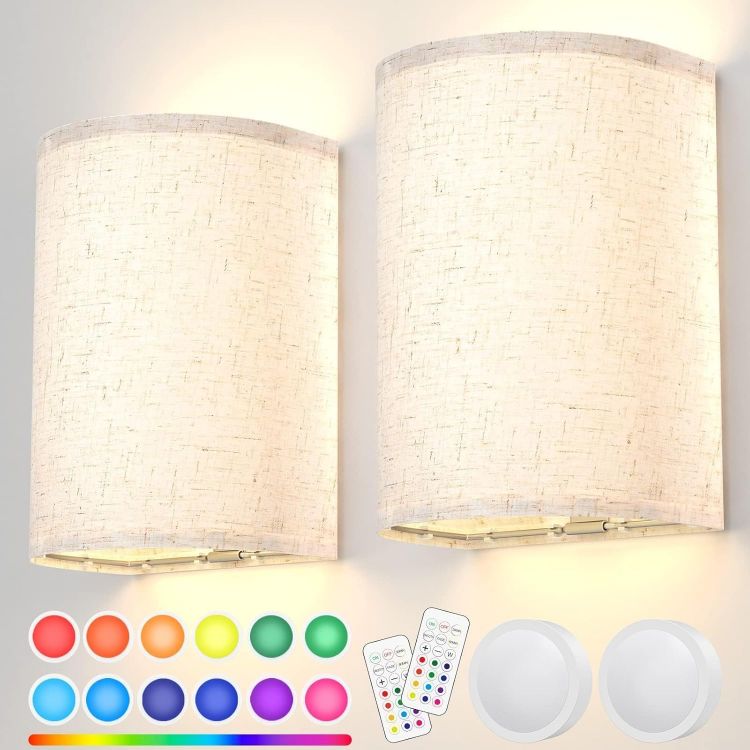 Picture of Rechargeable Wall Lights, Remote Control Wall Lamps in 3 Colors Temperature Timer, Fabric Sconces for Bedroom & Living Room Lighting - Set of 2 