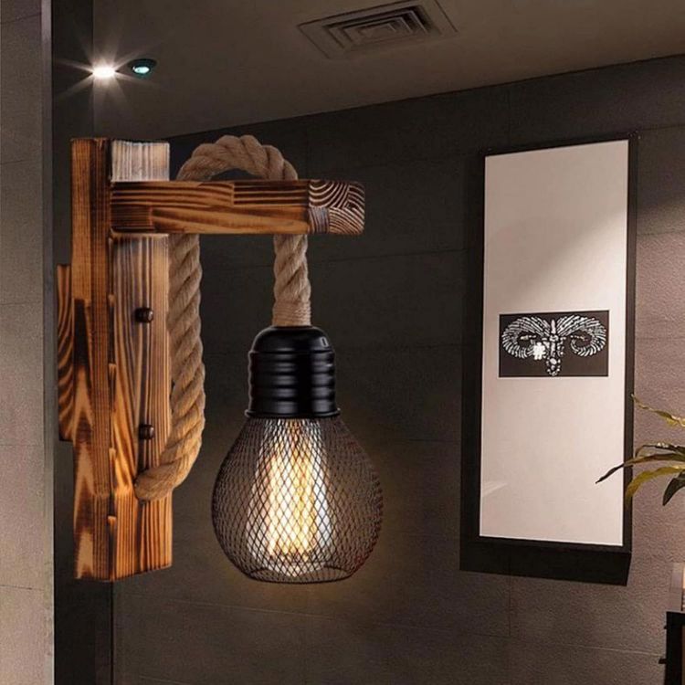 Picture of Vintage Wooden Wall Sconce – Rustic Hemp Rope E27 LED Light, Perfect for Living Room, Café & Bedside