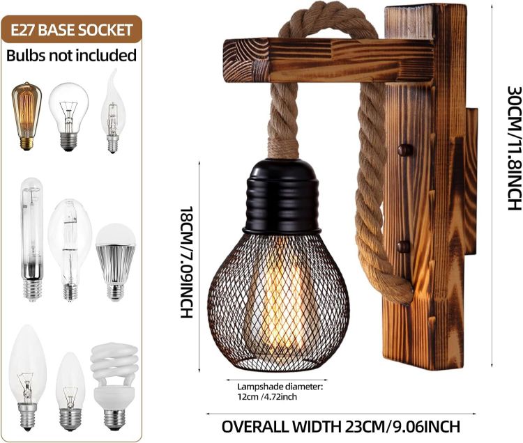 Picture of Vintage Wooden Wall Sconce – Rustic Hemp Rope E27 LED Light, Perfect for Living Room, Café & Bedside