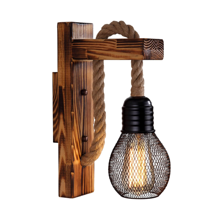 Picture of Vintage Wooden Wall Sconce – Rustic Hemp Rope E27 LED Light, Perfect for Living Room, Café & Bedside