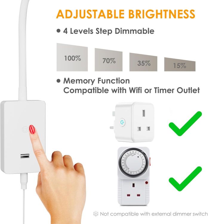 Picture of Touch Dimmable LED Wall Reading Light – Flexible Bedside Lamp with 5V/2A USB Port, 4 Brightness Levels, 120° Wide Angle, Neutral White 4000K, Wall Mounted for Bedroom