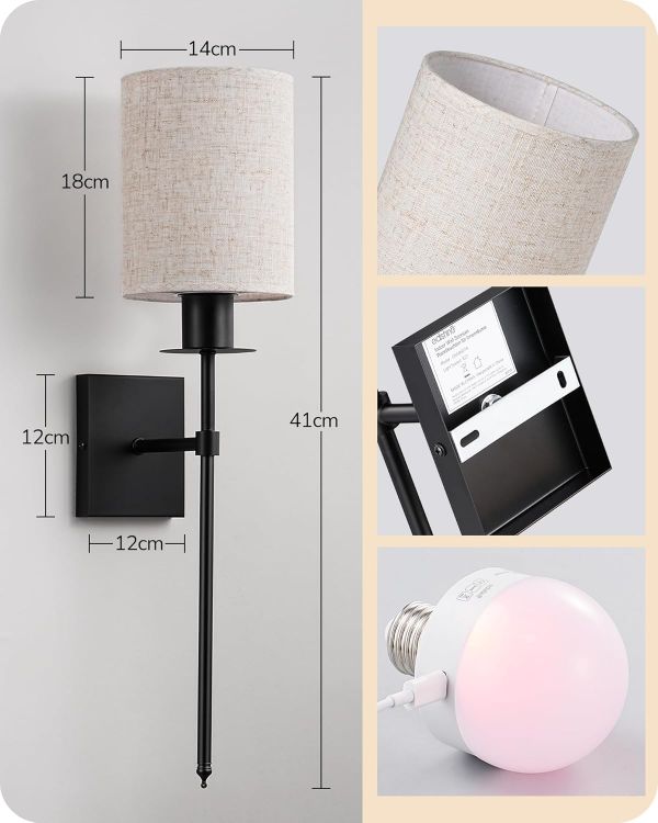 Picture of Rechargeable Wall Sconces – Wireless LED Lamps with USB Charging Bulbs with Remote, Modern Linen Lampshade Wall Light for Bedroom Hallway