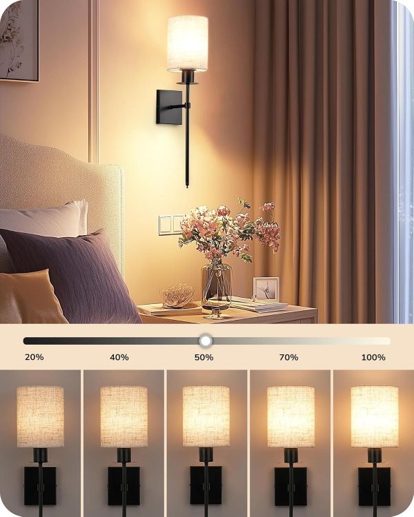 Picture of Rechargeable Wall Sconces – Wireless LED Lamps with USB Charging Bulbs with Remote, Modern Linen Lampshade Wall Light for Bedroom Hallway