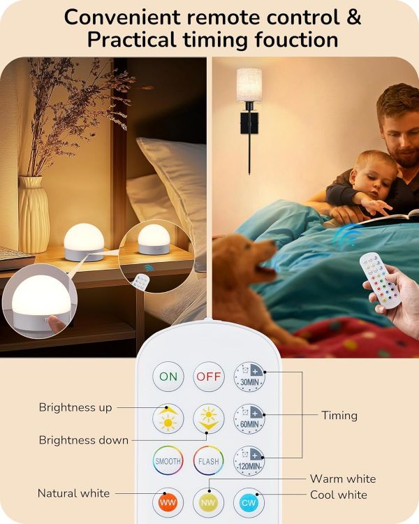 Picture of Rechargeable Wall Sconces – Wireless LED Lamps with USB Charging Bulbs with Remote, Modern Linen Lampshade Wall Light for Bedroom Hallway