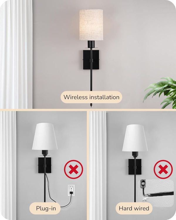 Picture of Rechargeable Wall Sconces – Wireless LED Lamps with USB Charging Bulbs with Remote, Modern Linen Lampshade Wall Light for Bedroom Hallway