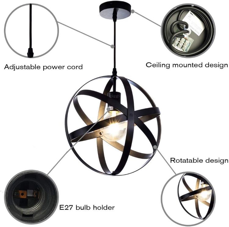 Picture of Stylish Black Industrial Ceiling Light – Retro Round Pendant Chandelier for Modern Living Rooms, Kitchens & More – E27 Bulb Fitting