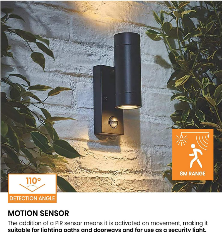 Picture of Black Outdoor Security Lights – PIR Motion Sensor & GU10 LED Up Down Wall Lamps for Bright & Safe Outdoor Spaces